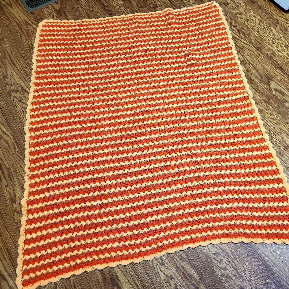 Afgan Throw Blanket Handmade Crochet Knit 60” x 46”  Large Yellow Orange Brown